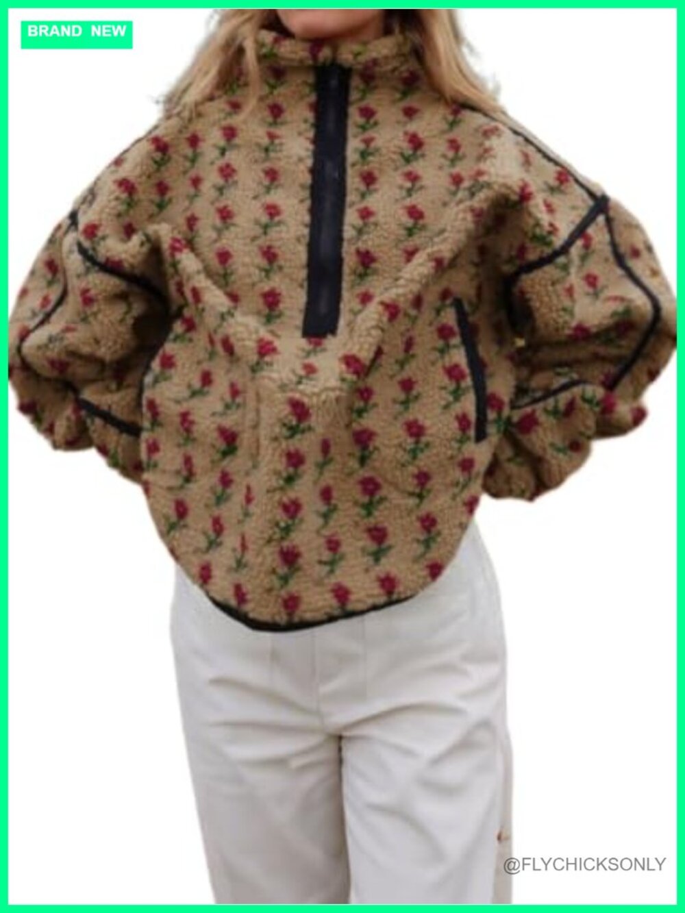 Women Floral Fleece Jacket Half Zip Sherpa Sweatshirt Oversized Coat